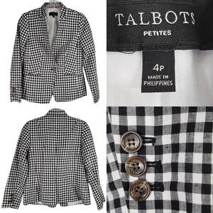 Talbots Blazer Women's Size 4 P Petite Black White Gingham Linen Jacket
